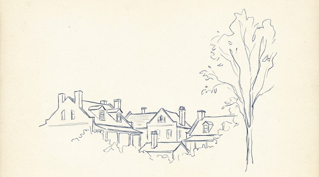 Hand-drawn row of traditional buildings on cream paper