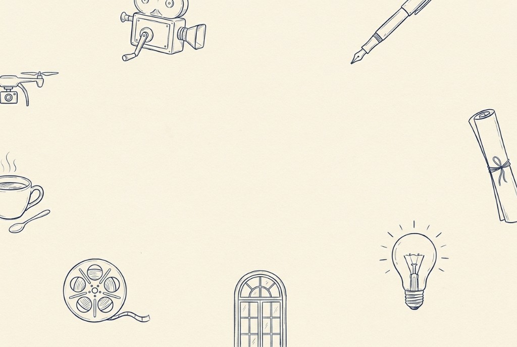 Hand-drawn editorial icons framing an open center on cream paper
