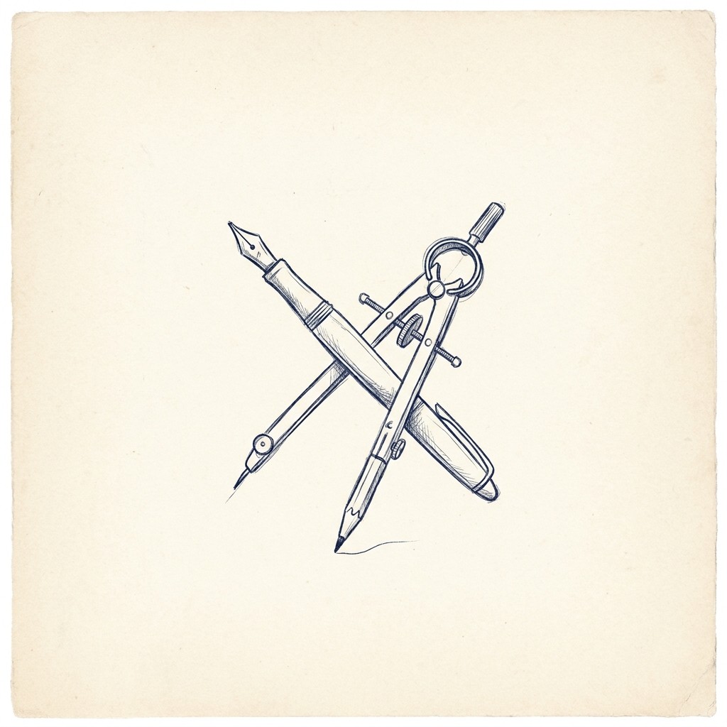 Hand-drawn fountain pen and drafting compass on cream paper