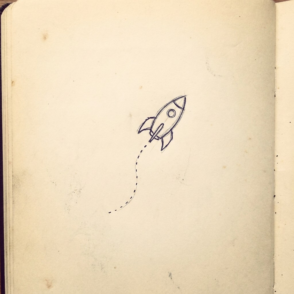Hand-drawn rocket with dashed flight trail